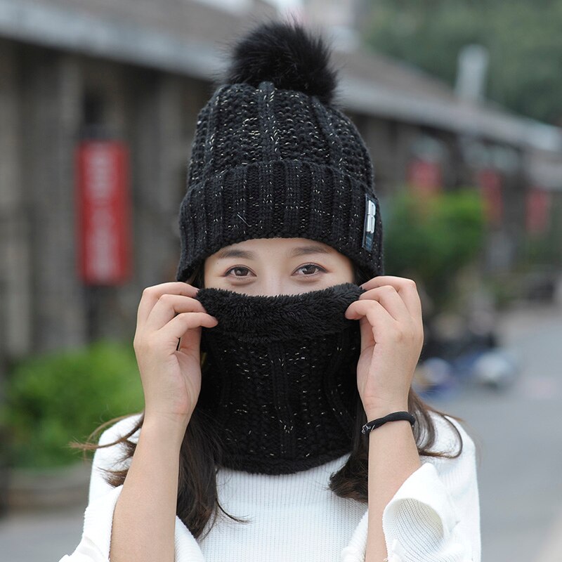 Efterår vinter kvinders hat kasketter strikket uld varmt tørklæde tyk vindtæt balaclava multifunktionelt hat tørklæde sæt til kvinder: Sort