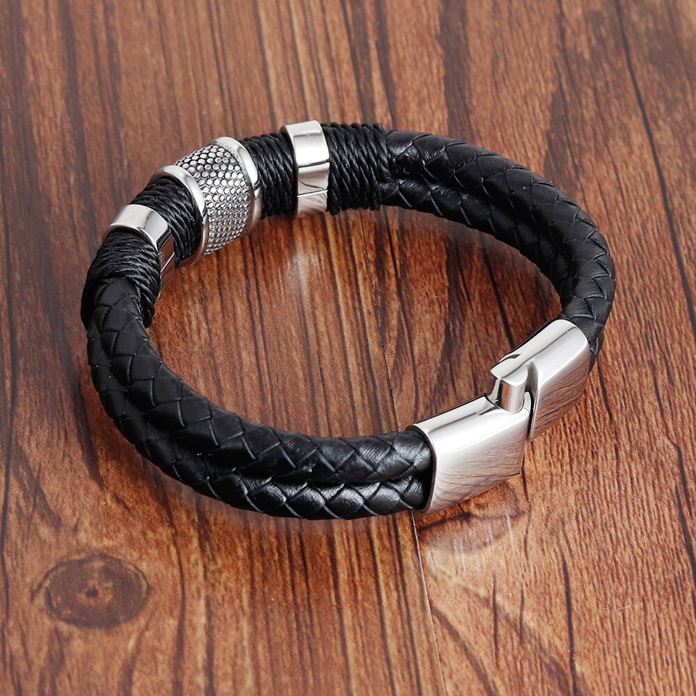 Mannen Lederen Armband Roestvrij Staal Magnetische Sluitingen Gevlochten Touw Polsband Punk Bangles Mannelijke Sieraden