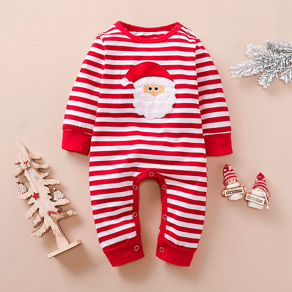 Infantil do bebê macacão menino menina roupas de manga longa natal santa listrado impressão macacão outfits inverno recém-nascido do bebê onesie