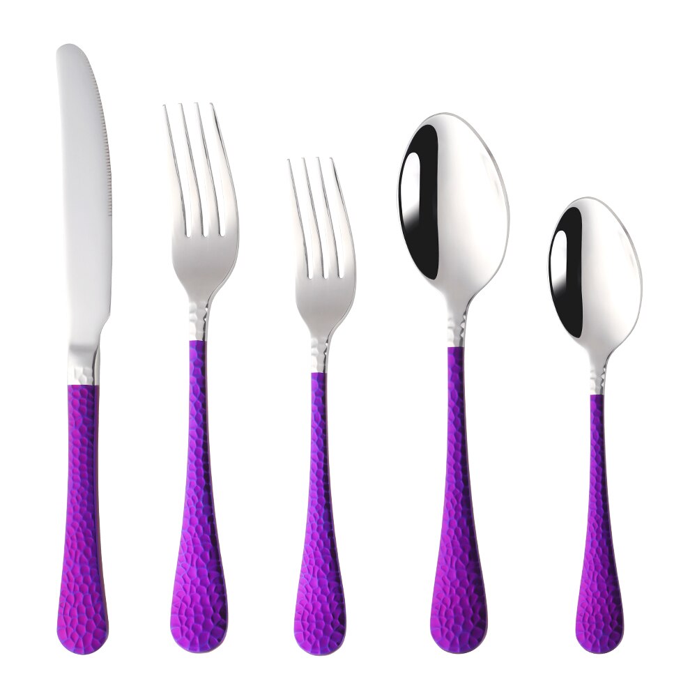 5/20PCS Flatware Silverware Set Rainbow Stainless Steel Colorful Dinner Knife Fork Scoop Dinnerware Set Hotel Tableware Utensil: 1set(5pcs) / Purple handle