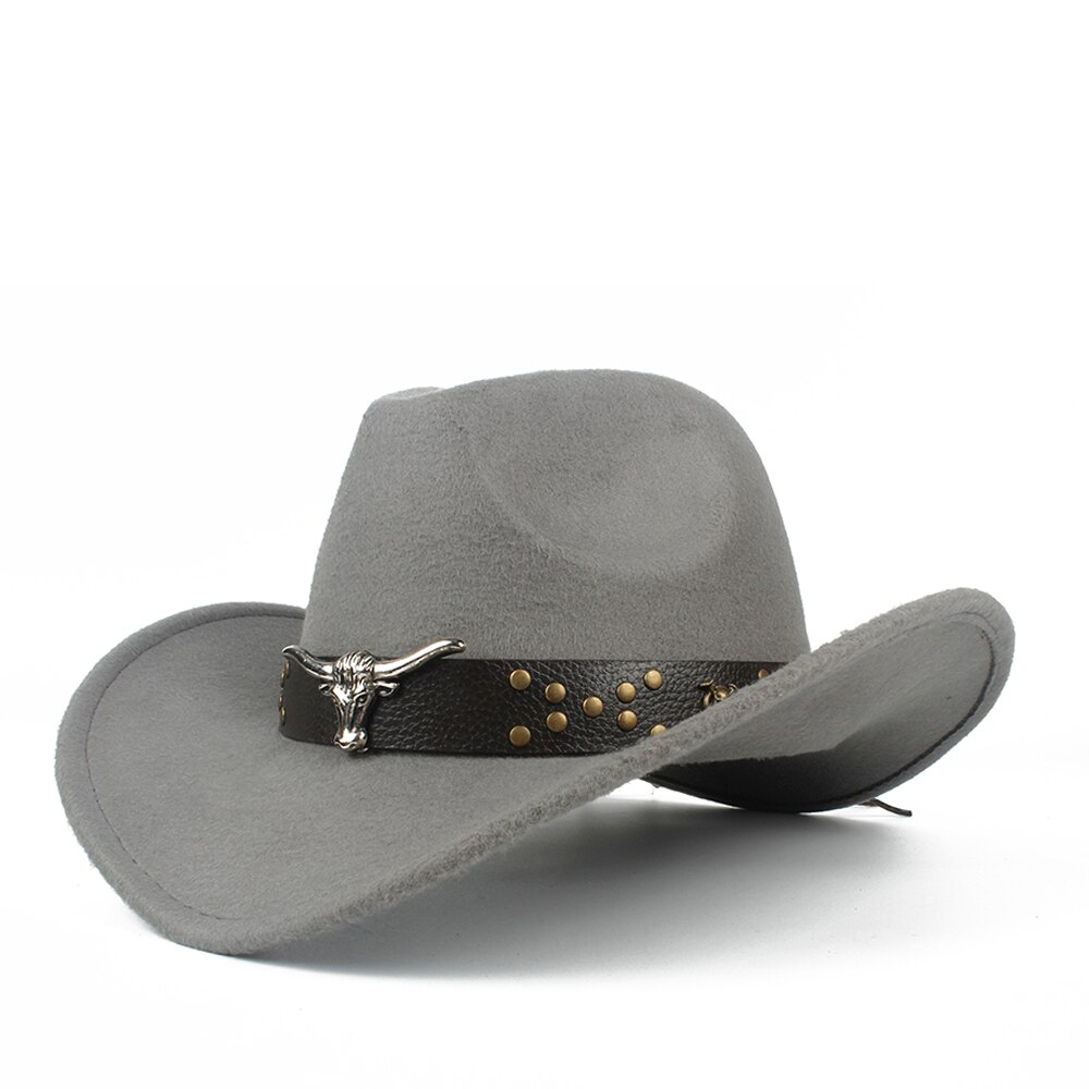 Steampunk Child Kids Wool Hollow Western Cowboy Hat boy girl Outblack Sombrero Hombre Jazz Cap Size 52-54: Gray