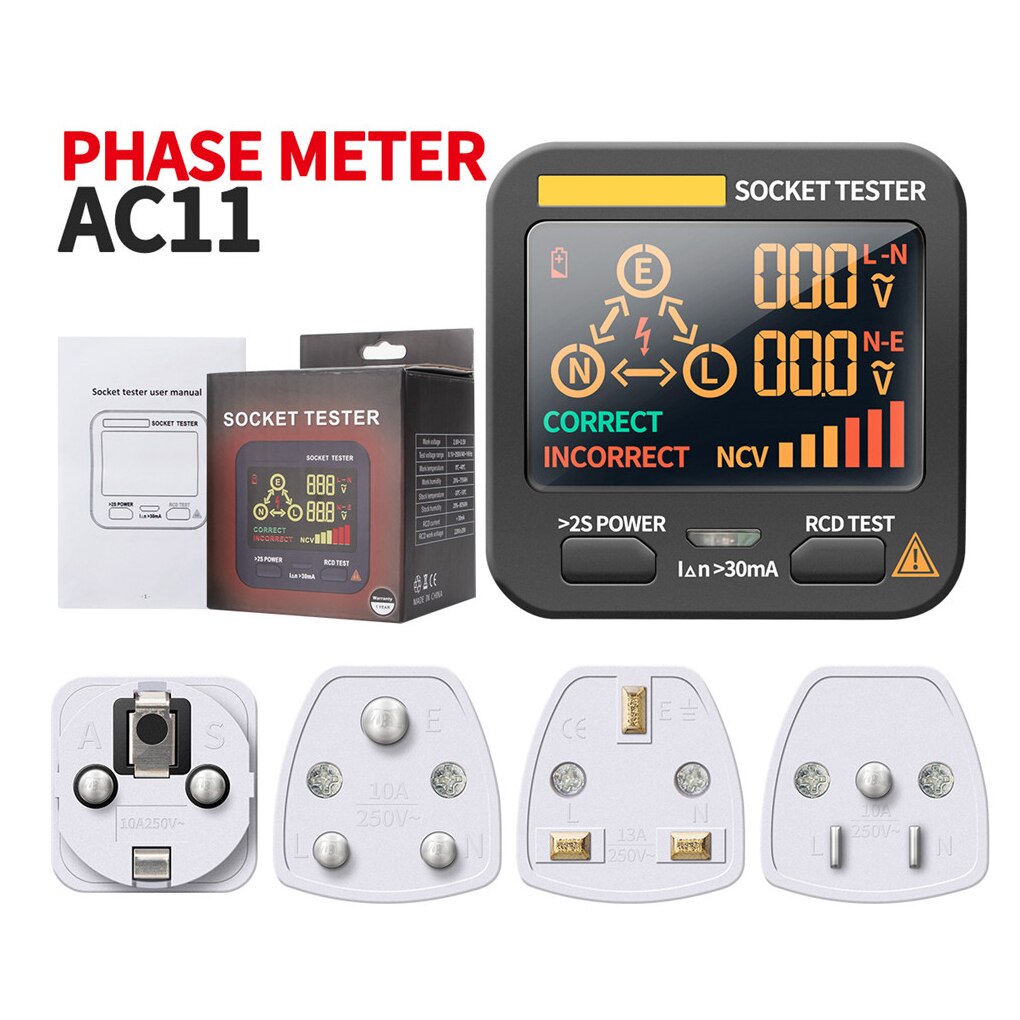 AC11 Digital Smart Socket Tester Digital Socket Adapter Ground Zero Line Phase Check NCV LCD Display Socket Voltage Tester
