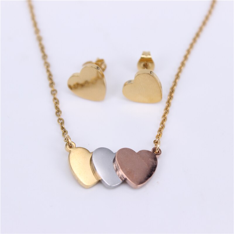 Prachtige Hartvormige Drie-Kleur Rvs Sieraden Set Ketting En Oorbellen Voor Vrouwen LH786: Silver Plated