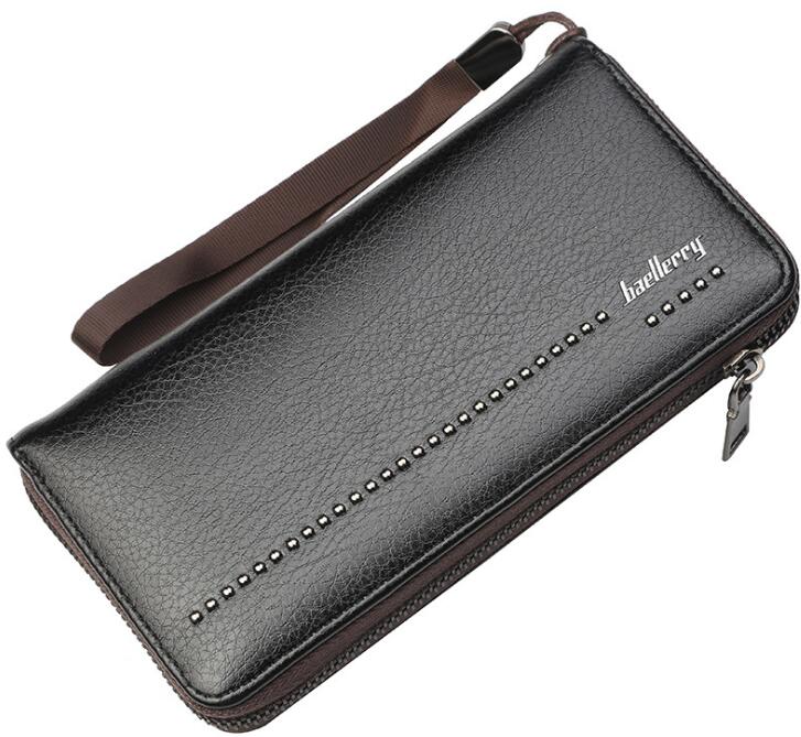 Portefeuille baellerry en cuir synthétique pour homme, grande capacité, avec fermeture éclair et bandoulière: Noir