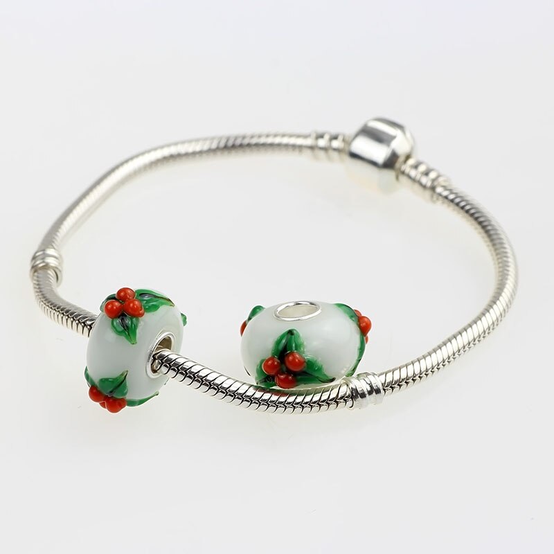 925 breloques colorées en argent sterling à gros trou en forme de couronne de noël, perles en verre adaptées aux bracelets européens
