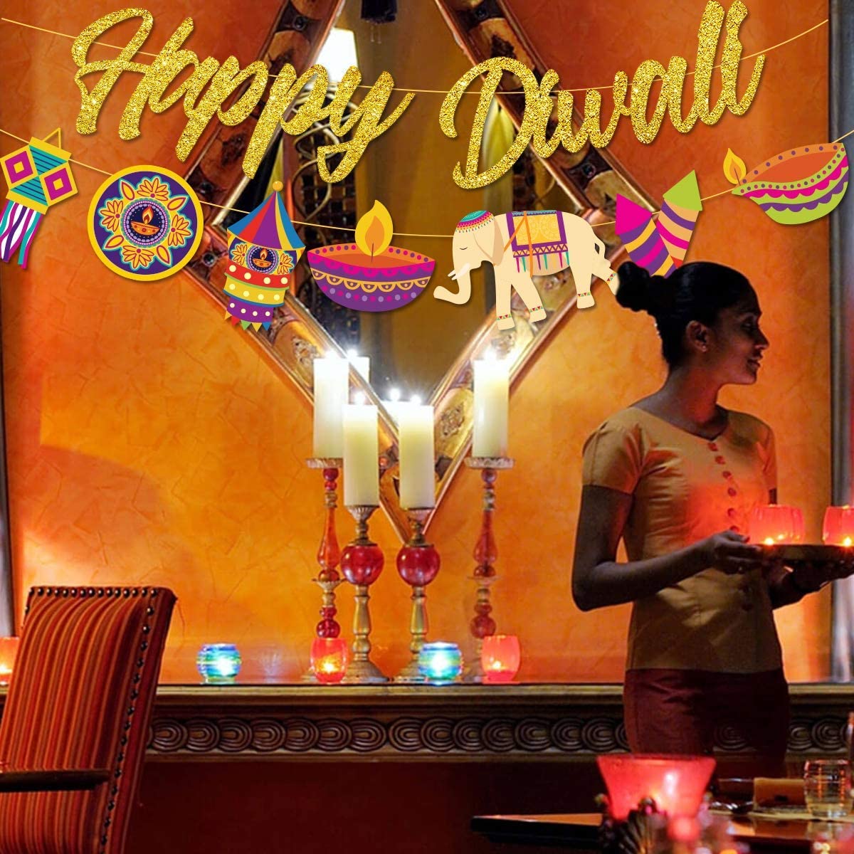 CHEEREVEAL Diwali Party Decorations Happy Diwali Gold Glitter Banner Garland Diwali Festival Celebration Party Decor Supplies