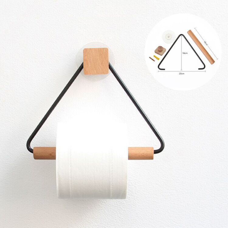 Vintage Triangle Black Gold Toilet Paper Roll Holder Stainless Steel Wall-mounted Wooden Paper Roll Rack Bathroom Boho Decor