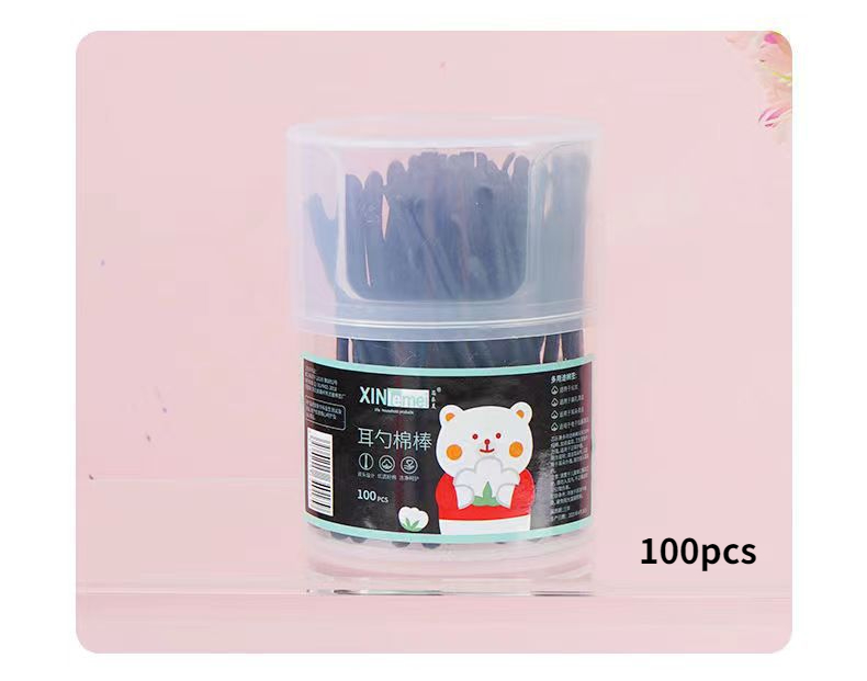 100Pcs 2 In 1 Cotton Swabs with Ear Spoons Plastic Curette Ear Pick Cleaner Ear Cleaner Spoon Portable Makeup Nail Art Sticks: black