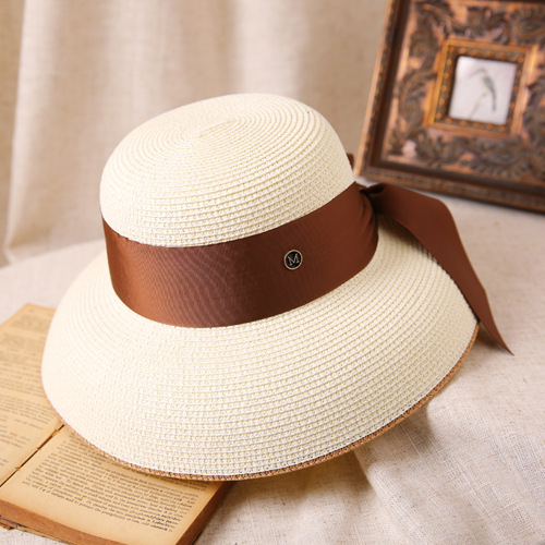 Hepburn-Sombrero de sol con lazo para mujer, sombrero de paja, sombrero de cubo, protector solar de color, sombrero de playa,: Azul cielo