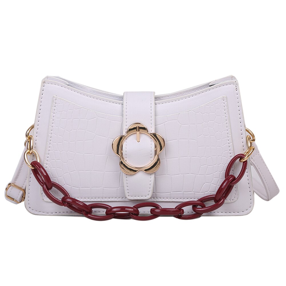 Alligator PU sacs à bandoulière jeunes dames Simple polyvalent sac femmes fleur boucle chaîne pochette à bandoulière: WHITE