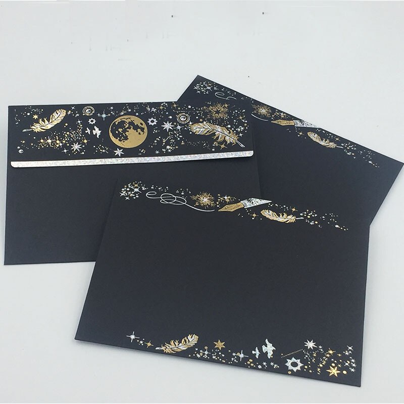 8PCS Gold Stamping Feather Writing Letter Paper High End Romantic Gilding Letter Pad Envelopes Sets Office Stationery: 3pc black envelope