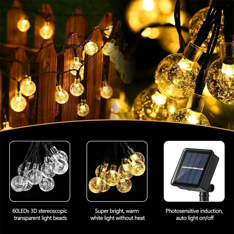 Solcelledrevne lyslenker utendørs  ip65 vanntette 60 led-lys med 8 moduser krystallkule julelys til hage, plen, veranda, dekor, camping