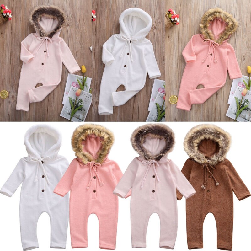 Brand Winter Newborn Baby Boy Girl Long Sleeve Fur Hooded Romper Jumpsuit Playsuit Outfits Warm Clothes 0-24M