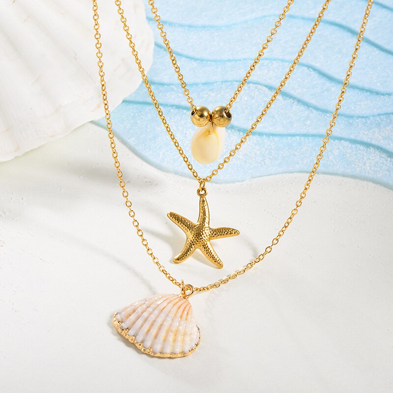 BAOYAN Boho Multi Gelaagde Rvs Kettingen Gouden Zeester Seashell Hanger Kettingen Wit Natuurlijke Shell Kettingen Vrouwen