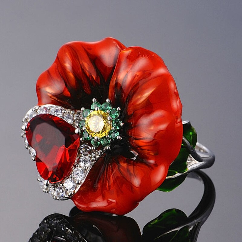 Women Bohemia Red Flower Enamel Jewelry Set Heart Shape Romantic Silver Pendant Necklace Ring Earrings Sets Wedding Jewelry