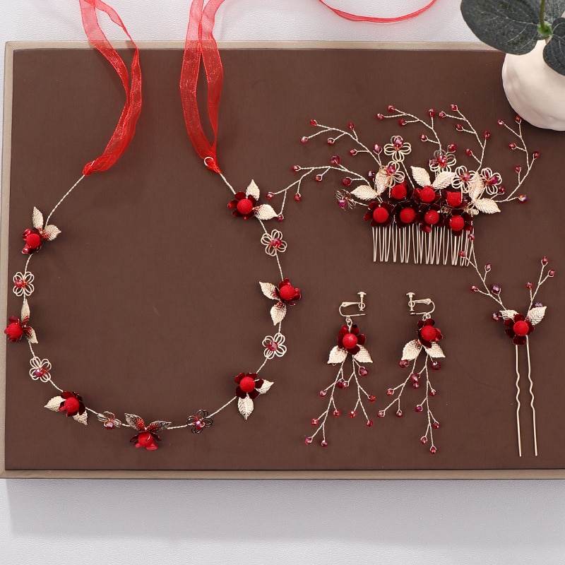 FORSEVEN Bride Noiva Wedding Party Women Girl Red Flower Tiaras Crowns Headband Hair Combs Hairpins Earrings Jewelry Sets