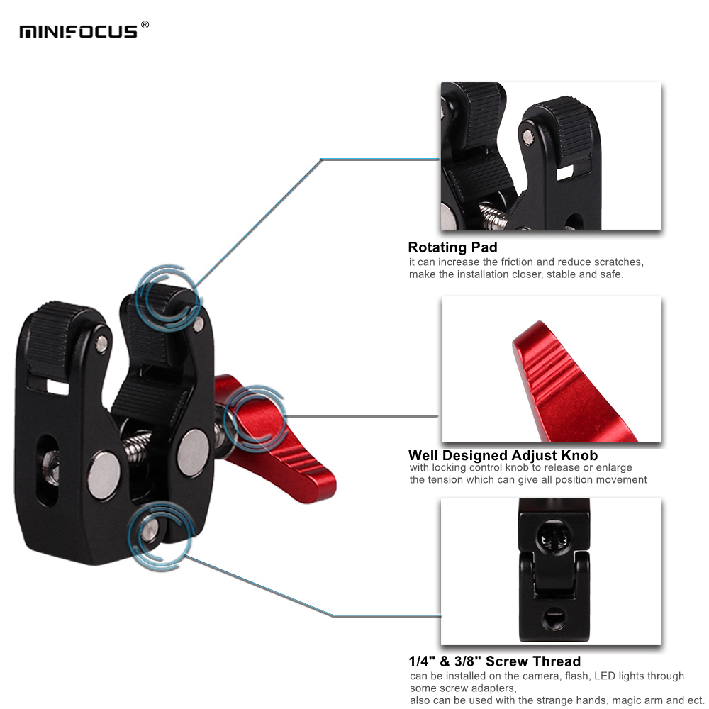 Pince à tête sphérique multifonction, Super pince à bras magique avec filetage 1/4 &quot;-20 pour caméra, moniteur de plate-forme