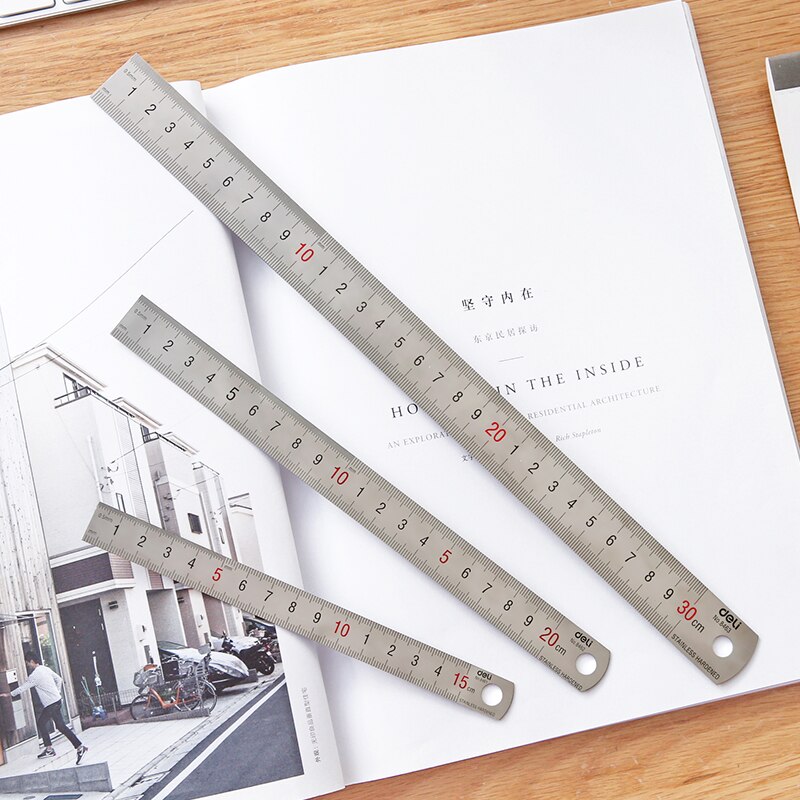 Deli Steel Metal Ruler Silver 15/20/30cm Stainless Steel Straight Rulers Functional Mapping Tool School Office Drawing Supplies