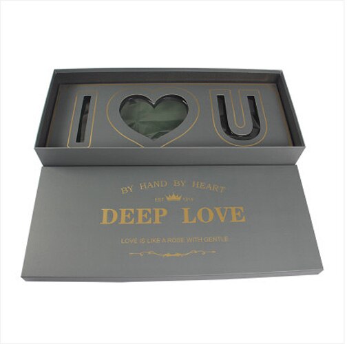 Rectangular Flower Box With Flower Mud Slot Valentine's Day Top Bouquet Packaging Box I Love U Pattern Florist Supply: Gray