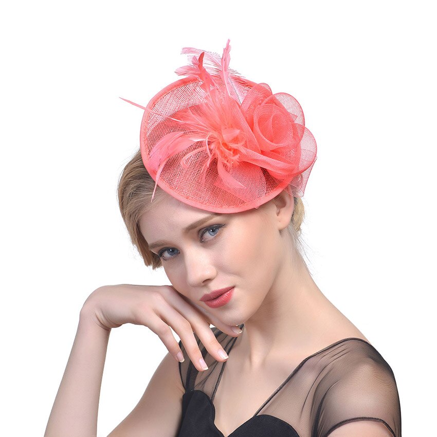 WELROG – chapeau tendance pour femme, chapeau, plume, gaze, maille solide, épingle à cheveux, pour fête, mariage, ruban: Watermelon Red