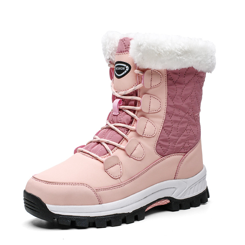 Pinsen Winter Vrouwen Snowboots Warme Push Mid-Kalf Laarzen Vrouwen Platform Vrouwelijke Lace-Up waterdicht Botas Mujer: Roze / 7.5
