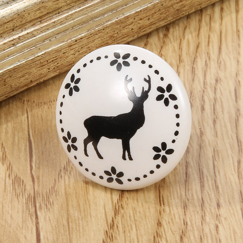 1PC White Print Ceramic Handles Drawer Knobs Cupboard Door Handles Single Hole Cabinet Handles With Screws Furniture Handle: Horned Deer