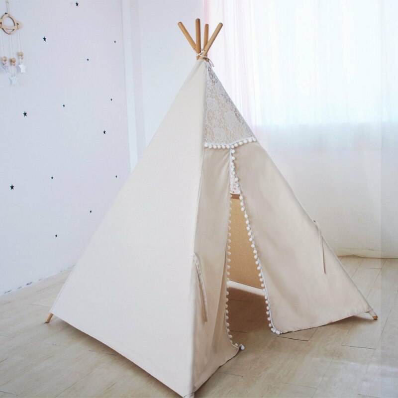 Natural Canvas Pom Pom Teepee Tent for Kids Play Tipi Tent Childrens Wigwam Tent