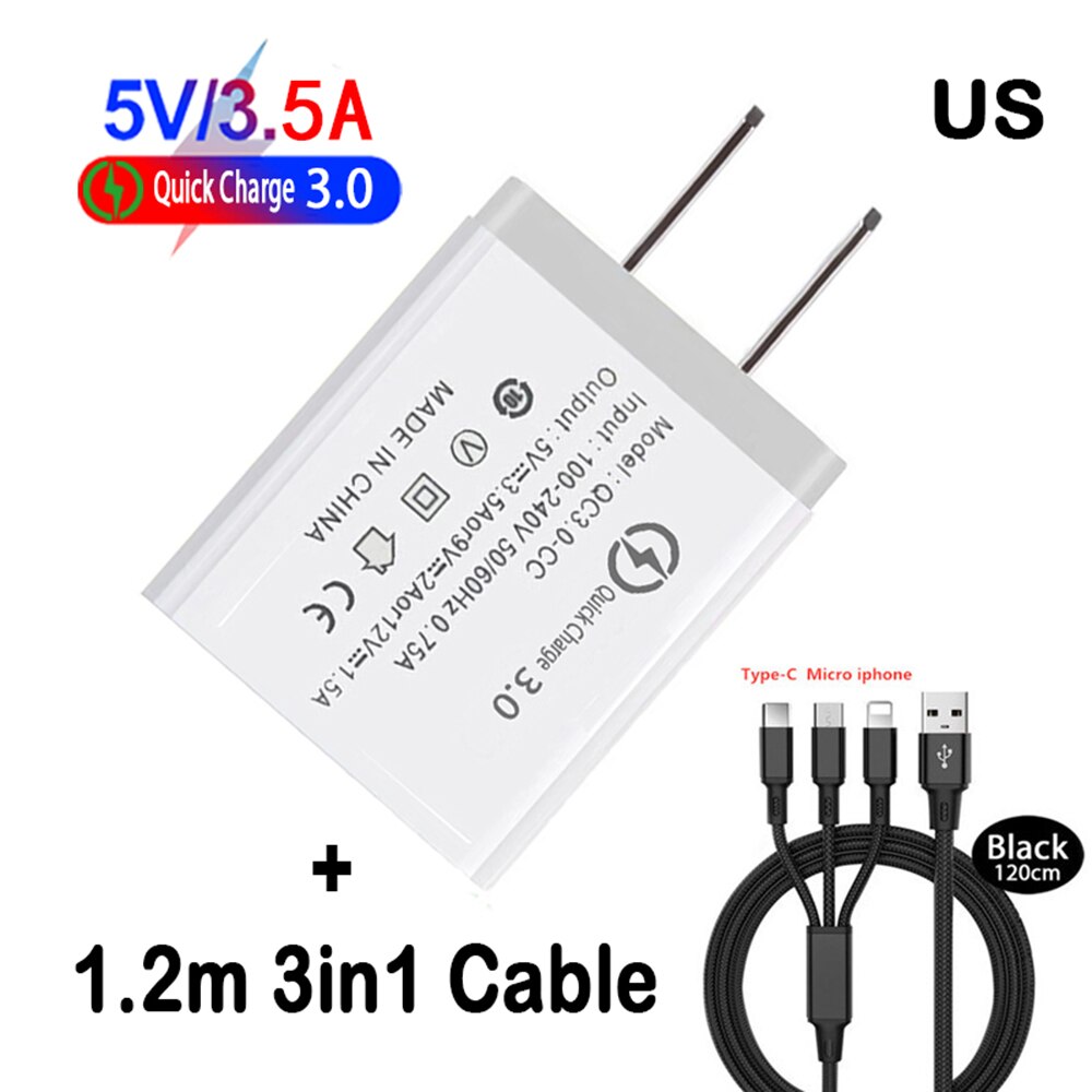 Quick Charge 3,0 USB Schnelle Ladegerät QC 3,0 USB Wand Ladegerät Adapter Telefon Ladegeräte Für iphone Xiaomi Samsung Huawei Telefon ladegeräte: US 3in1 Cable White