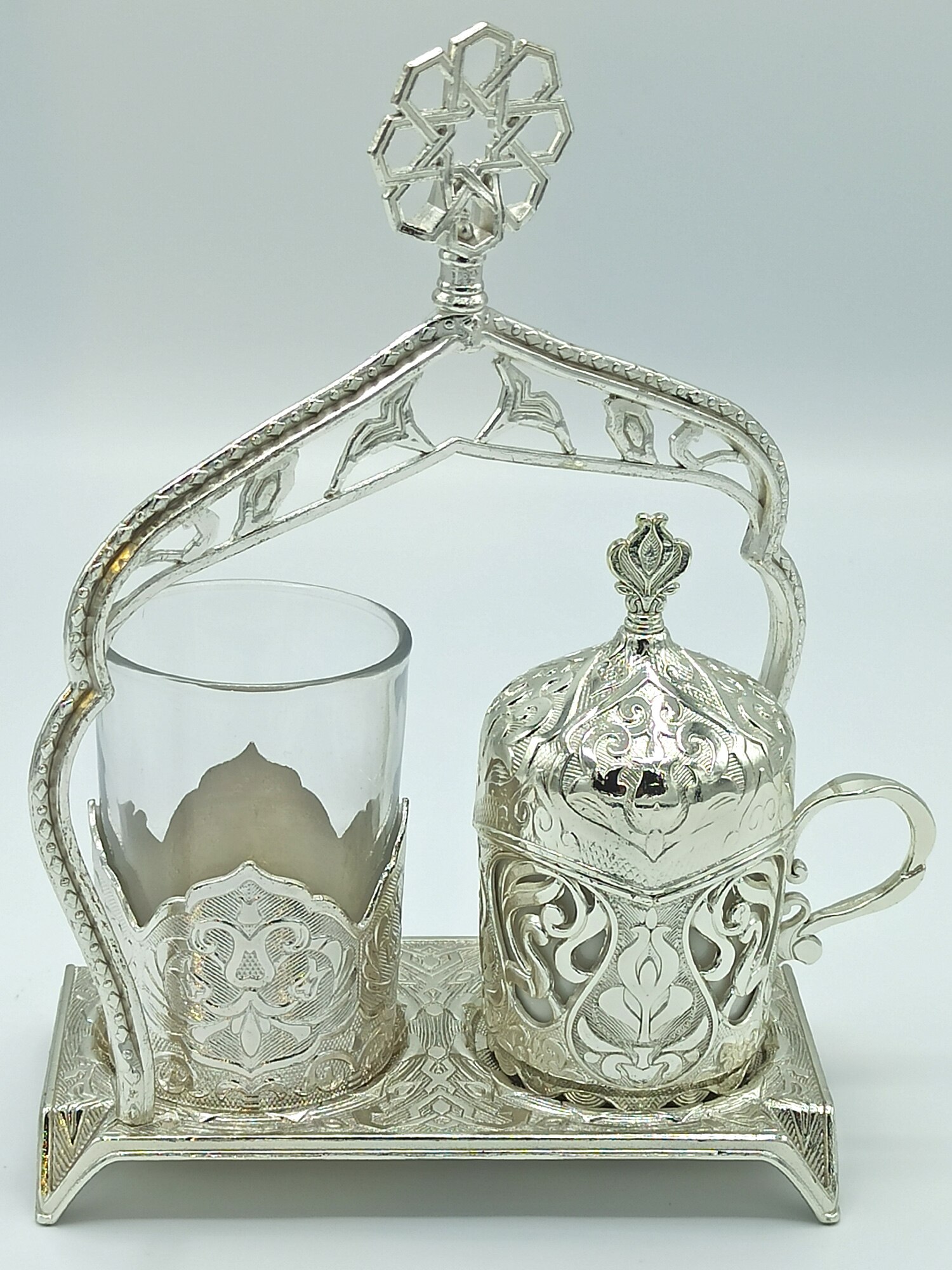 Autentiske kaffekopper kaffesæt kit vandglas sukker skål bakke vælg, osmannisk kalkun anatolia: Sølv med glas
