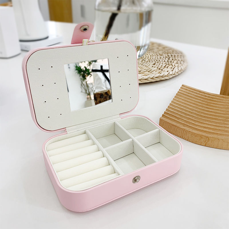 2022 Leather Portable Jewelry Box Double Simple Earrings Ring Jewelry Casket Can Hold 68 Earrings: pink with mirror