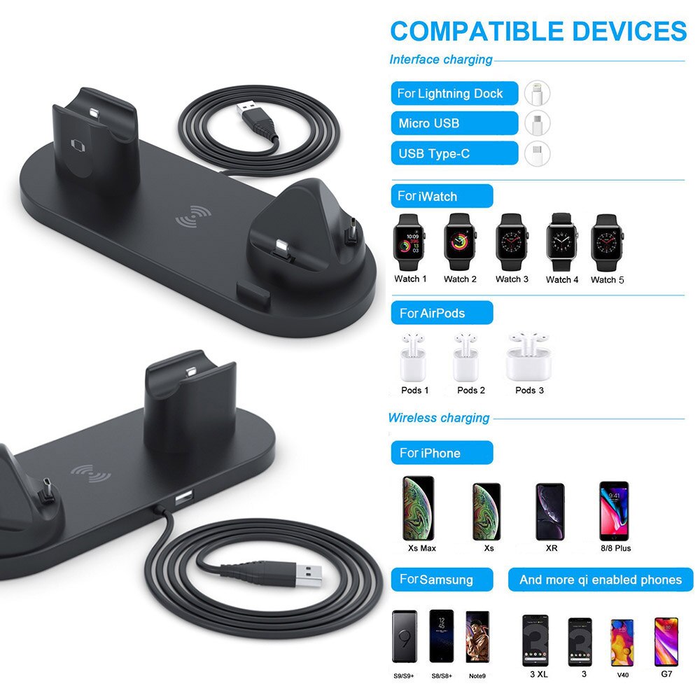 Estación de carga inalámbrica 6 en 1 para teléfonos iPhone/Android/tipo C, base de carga rápida Qi de 10W para Apple Watch, AirPods Pro