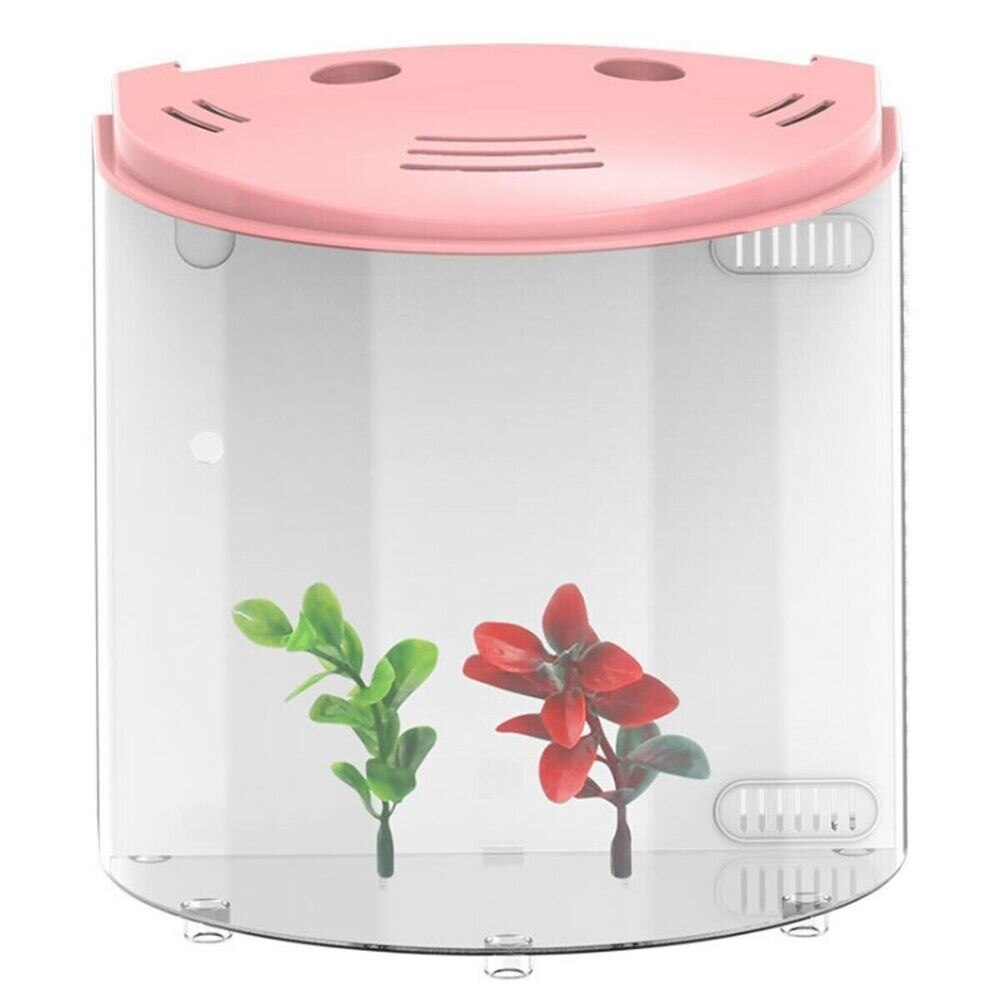 Home Office Desktop Aquarium Half Moon Large Capacity Desktop Acrylic Mini Nano Air Pump Led Light Build In Fish Tank: ats220Pink