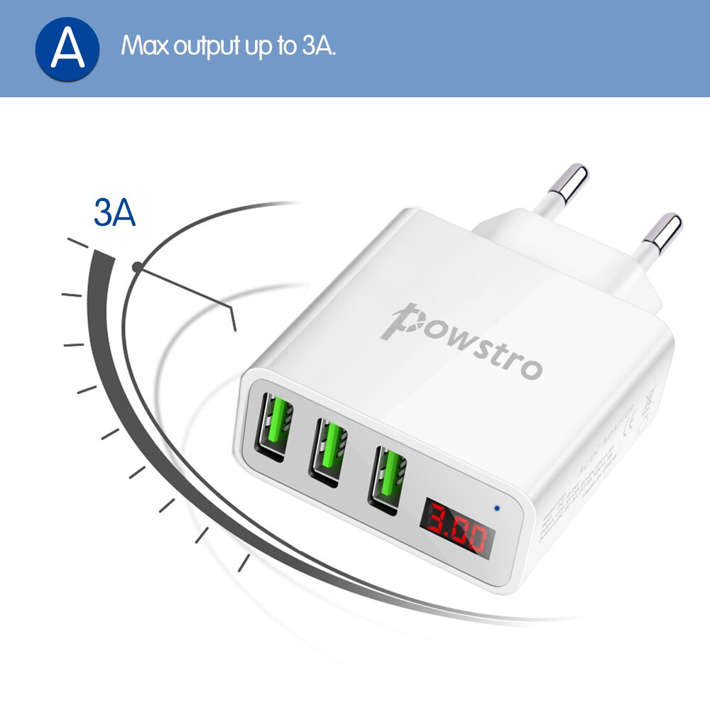 Powstro 5v 3a 3 usb-reislader eu-stekker lcd-scherm, intelligent digitaal display, universele wandadapter, spanning en stroom voor mobiele telefoon