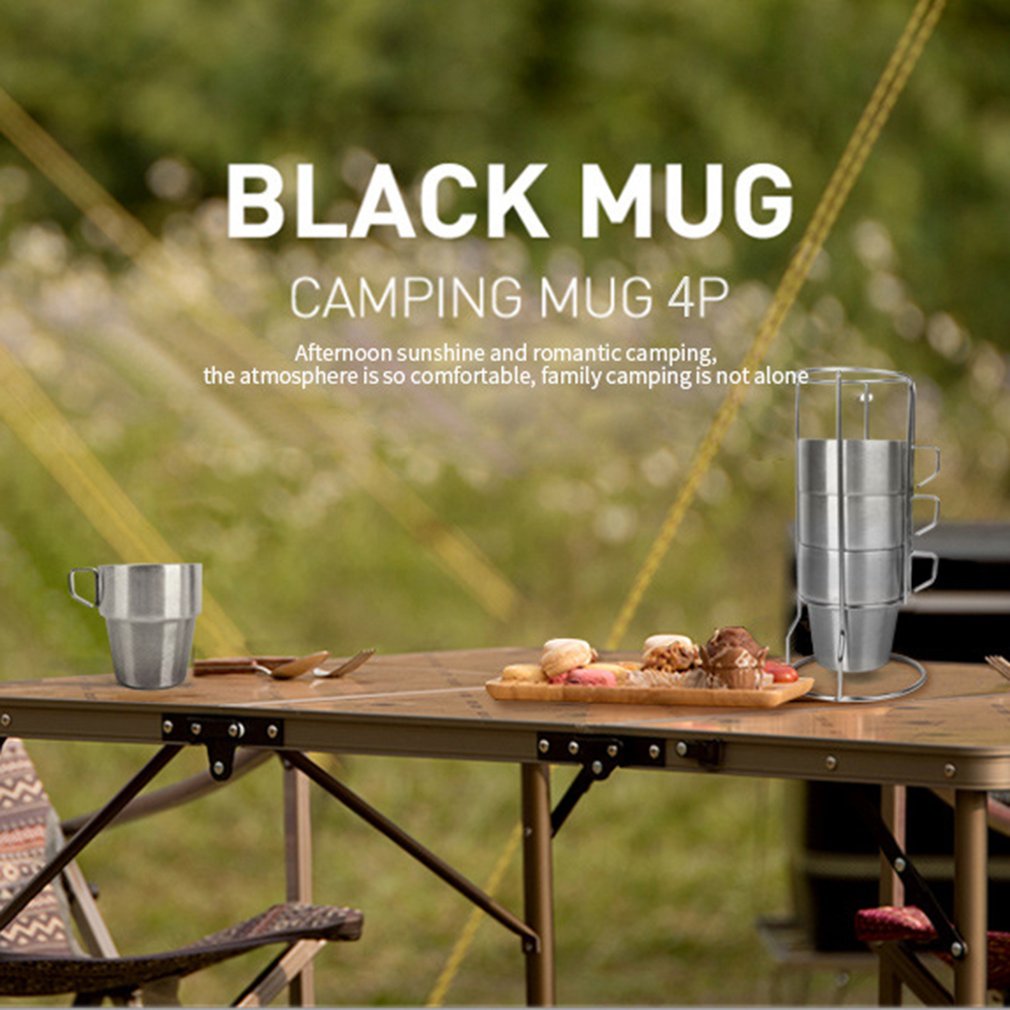 1 sæt 4 stk 300ml rustfrit stål camping kop krus udendørs camping vandreture folde bærbar te kaffe øl kop