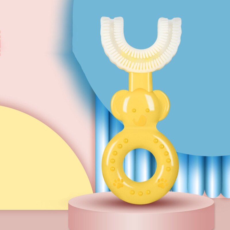Cabeça macia da escova de dentes do silicone do produto comestível em forma de u das crianças, design oral da limpeza dos dentes de 360 ° para crianças e crianças