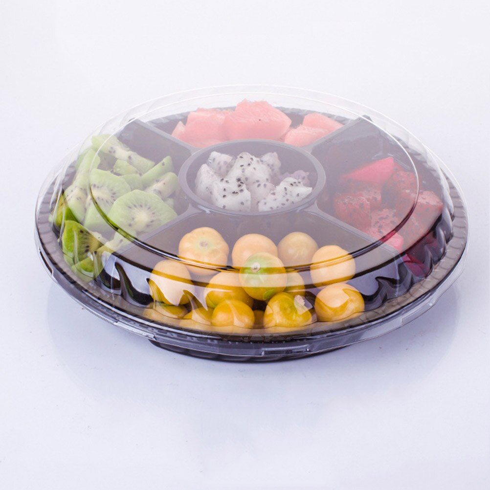 10PCS Disposable 5 Compartment Food Storage Containers Round Plastic Salad Fruits Box with Lids