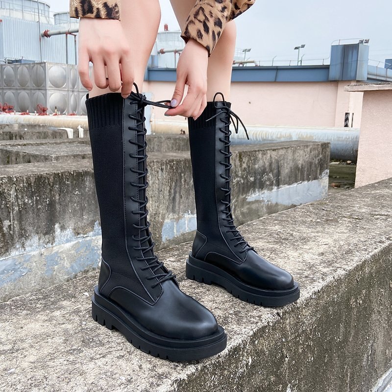 automne femmes tricot tissu élastique genou bottes hautes à lacets plate-forme longues bottes femme PU Patchwork moto Botas Mujer