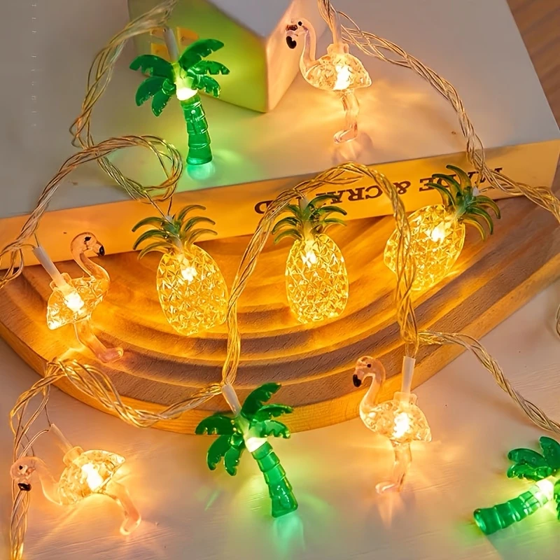 Guirlande lumineuse LED en forme de flamant rose, ananas, palmier, fonctionne à piles, pour la maison, jardin, plage tropicale, décor de fête de hawaïennes, 1 pièce: 0-5W