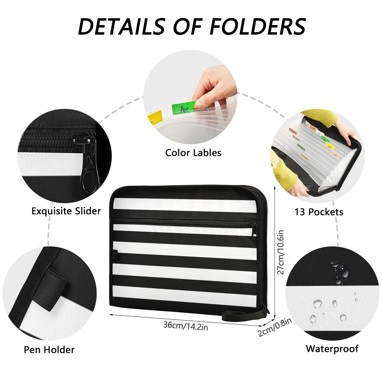 A4 File Folder Document Bag Striped Receipt File Expanding Wallet Bill Folder 13 Pockets Ticket Invoice Organizer Office Supplie
