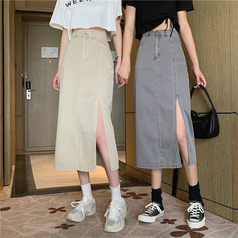 Koreaanse stijl hoge taille slanke midi rok split denim tas hip a-lijn rok voor vrouwen