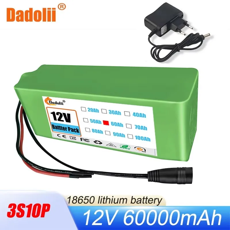 Paquete de batería recargable de iones de litio, 12V, 60Ah, 3S10P, 18650, para cámara eléctrica de juguete, baterías de iluminación LED con cargador