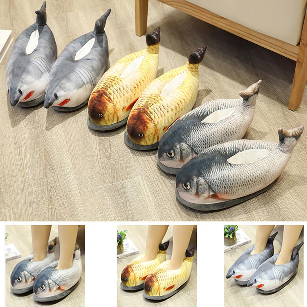 Zapatillas de algodón de felpa para el hogar, zapatos cálidos antideslizantes con forma de pez gato de simulación innovadora, para uso interior