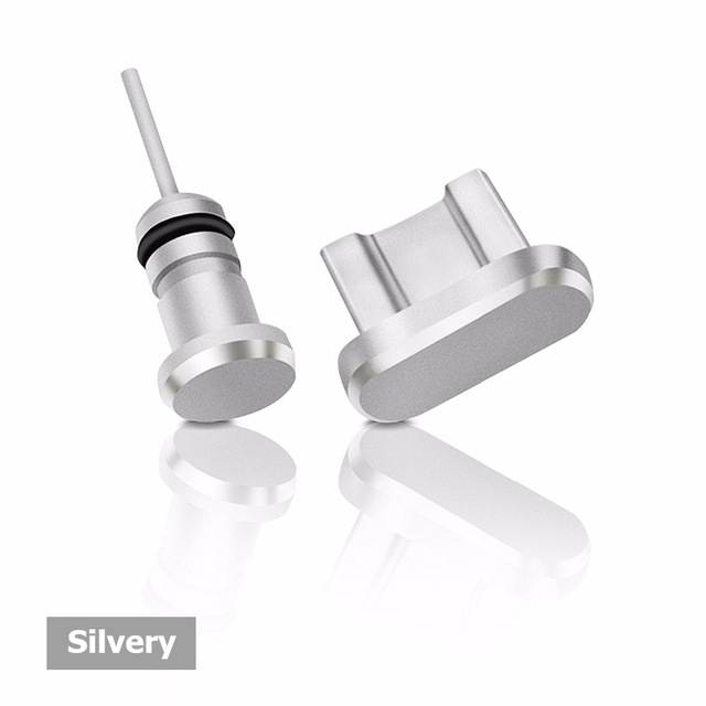 2 Stks/set Metalen Poort Opladen + Oortelefoon Poort Stof Plug Vervanging Voor Android Mobiele Telefoon 3.5 Mm Headset stopper: silvery