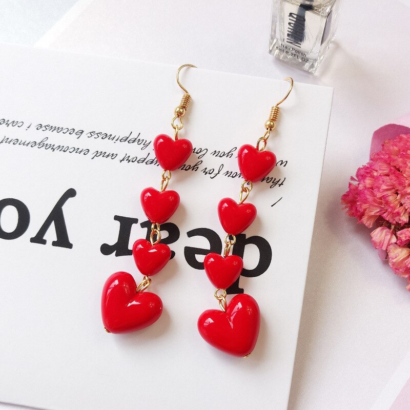 Koreansk stil lange kvast øreringe røde dejlige hjerte øreringe kvinder piger valentinsdag & #39 ;s dag festival fødselsdag år: Rød 1