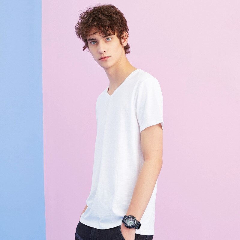 Metersbonwe Men's Basic Tees Summer Soft T shirts Men Short Sleeve Cotton Flexible T-shirt V-Neck Loose Basic Casual Tee