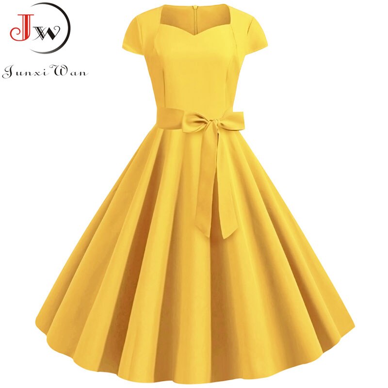 Summer Women's Dress Short Sleeve Solid Vintage Retro Big Swing Office Party Midi Sundress: XL / GRAY