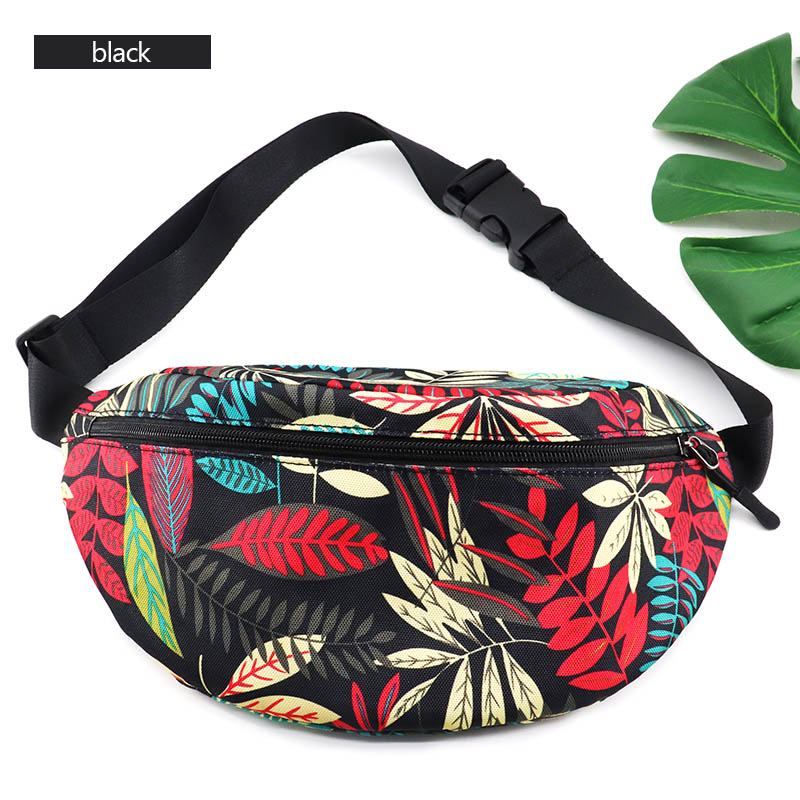 AIREEBAY Printed Leaf Women Waist bags Large Capacity Canvas Fanny Pack with Zipper Female Casual Travel Banana bags: 4225black