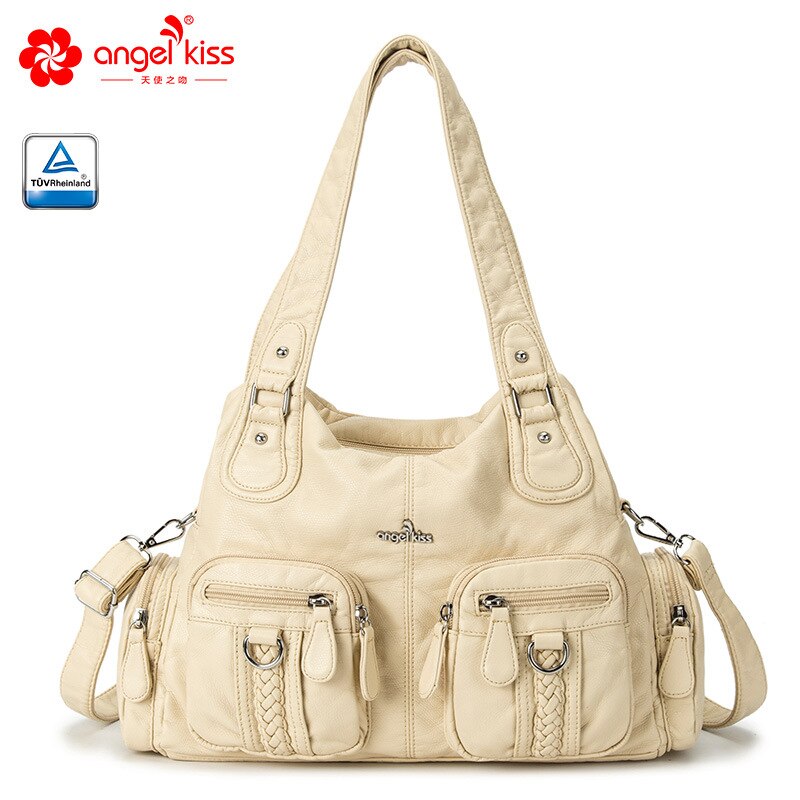 Damväska european american damer axelväska tvätt mjukt läder enfärgad kvinnlig handväska messenger bag: Beige