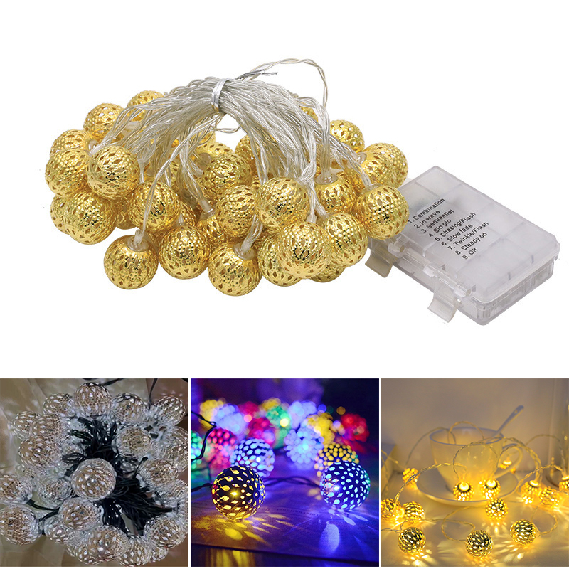 Battery Powered Moroccan Ball Lamp String LED Wrought Iron Metal Hollow Out Ball String Fairy Light 1.5/3 Meter 10/20LED C1