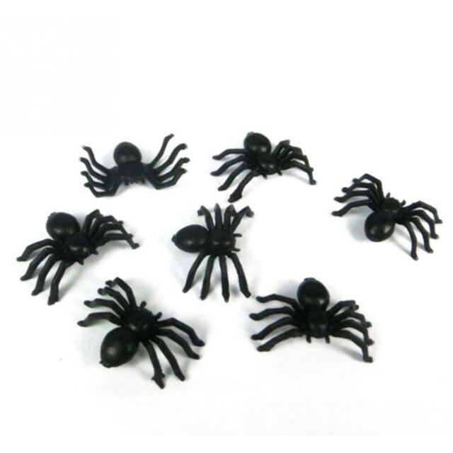 Halloween Mini plastique noir lumineux araignée blague jouets d'anniversaire bricolage araignées décoratives 2cm araignée accessoires de fête: 50PCS D